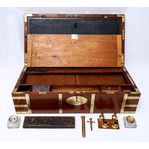 Large English Marine Writing Desk - Solid Mahogany And Brass - XIXth Century