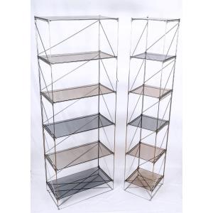 Suite Of 3 Silver Steel And Gray Smoked Glass Showcases - Max Sauze Stamp - 20th Century