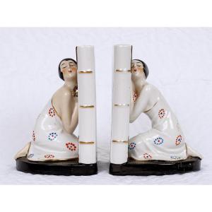 Pair Of Bookends - Lalouvière Enamels - Polychrome Porcelain - Period: 20th Century