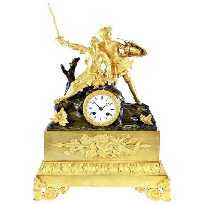 Large Clock With Knights In Gilt Bronze And Patinated Bronze - Restoration Period