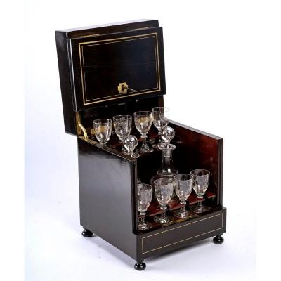 Small Liquor Cellar - Blackened Wood - Brass Fillets - Period: XIXth Century