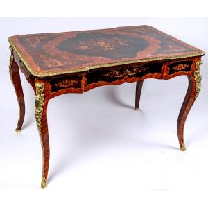 Magnificent Flat Desk - Louis XV Style - Precious Wood Marquetry - Golden Bronzes - XIXth