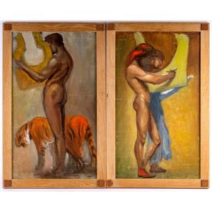 Pair Of Oils On Canvas Mounted On Panels - Follower Paul Jouve - Period: Art Deco