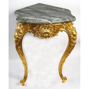 Corner Console - Gilded Wood With 24 Carat Leaf - Green Marble From The Alps - Period: 18th Century