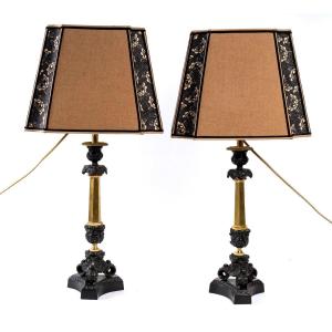 Pair Of Lamps - Double Patina Bronze Candelabra - Fabric Shades - Period: XIXth Century