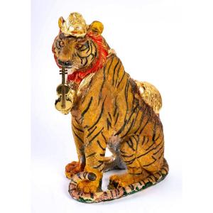 Sculpture Le Tigre Et Le Bulldog - Aaron Hinojosa - XXème Siècle 