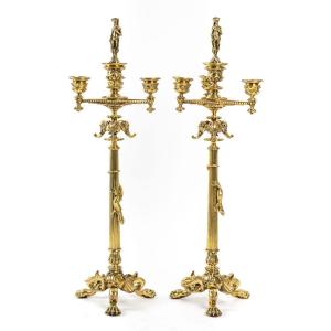 Pair Of Gilt Bronze Candlesticks - Attributed To F.barbedienne - Period: XIXth Century