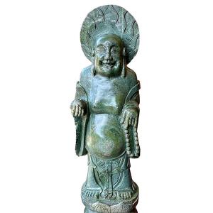 Large Laughing Buddha Statue - Green Hard Stone - China - Period: Art Nouveau