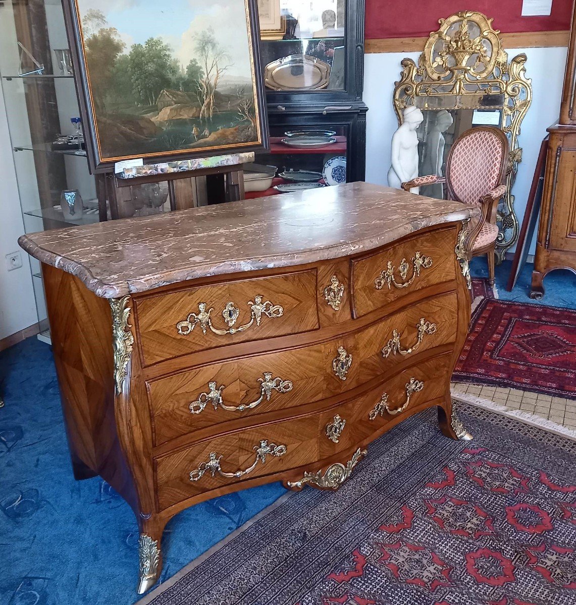 Commode Bois De Violette Dessus Marbre Royal Des Flandres. Epoque XVIIIe Régence