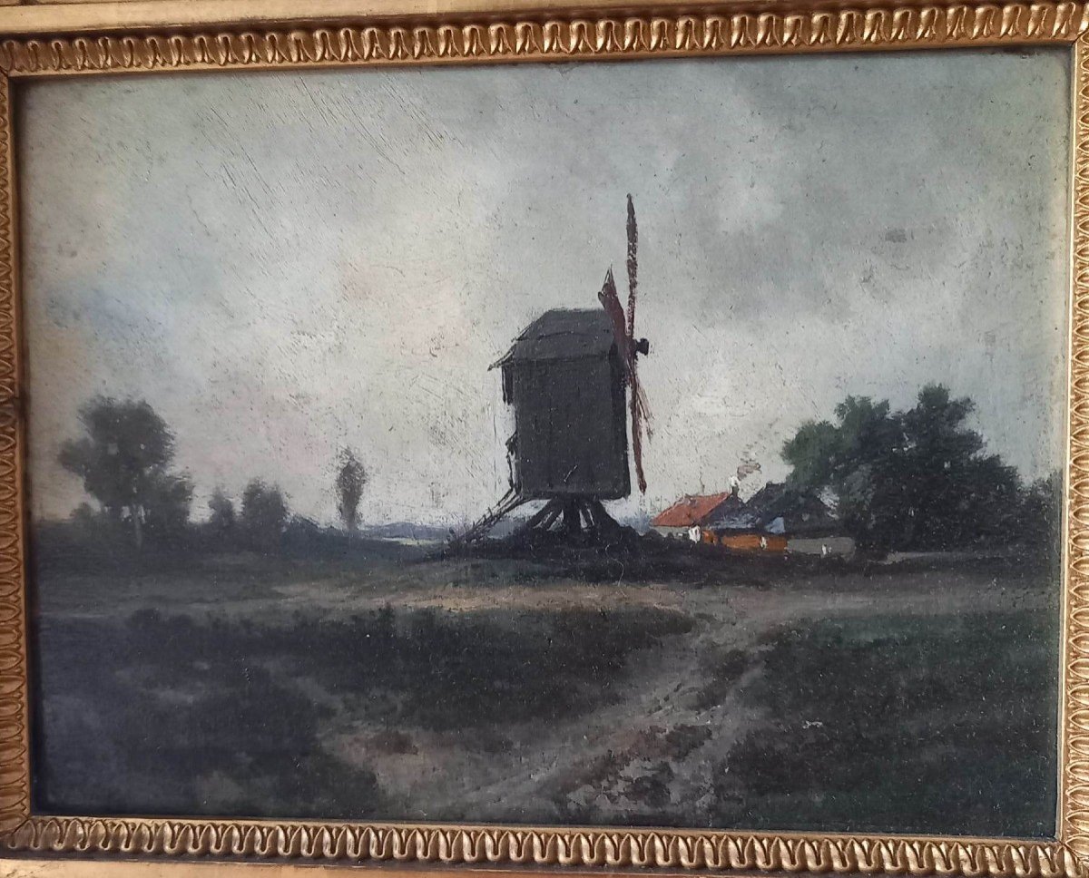 Ecole Française Seconde Moitié Du XIXe « Paysage Au Moulin à Vent »-photo-2