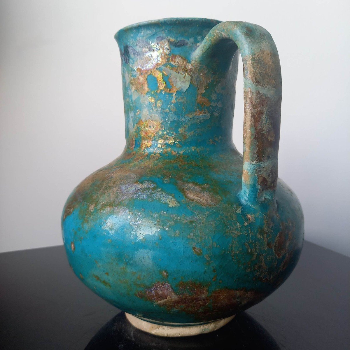 Pichet Céramique Siliceuse Glaçure Turquoise Irisée. Art Seldjoukide XIIe Siècle-photo-3
