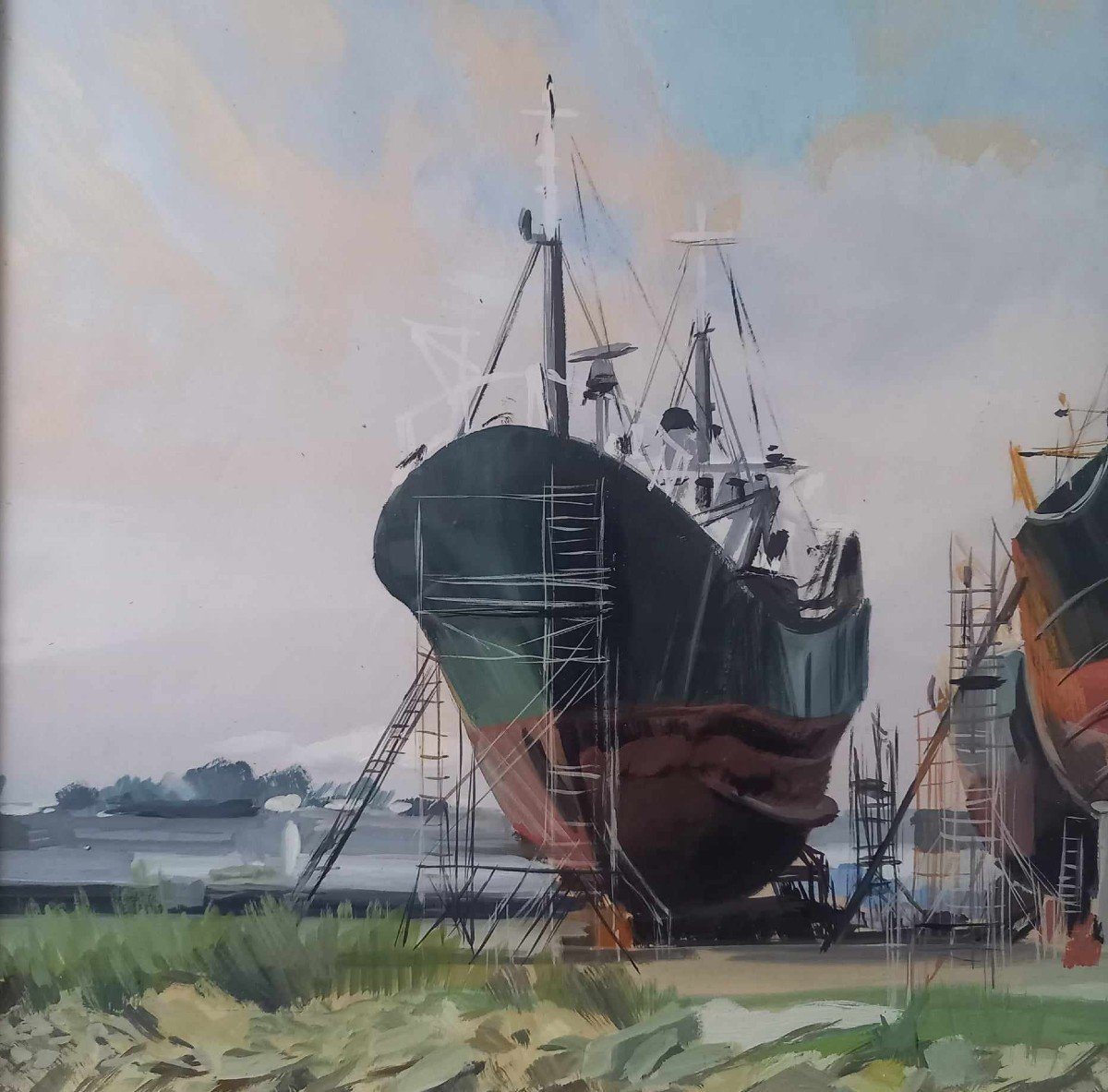 Ecole Bretonne Seconde Moitié XXe "bateaux En Cale Sèche"-photo-2