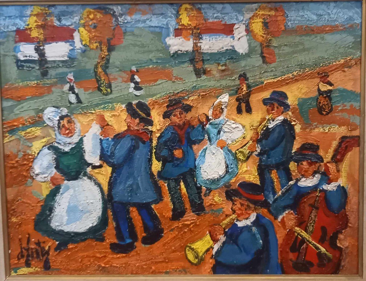 Henry d'Anty (1910-1998) "parade Folklorique Bretonne" Huile Sur Toile -photo-2