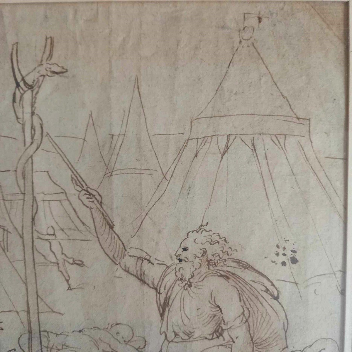 Ecole Du Nord Fin XVIe / Début XVIIe "moïse Et Le Serpent d'Airain" Dessin à La Plume-photo-3