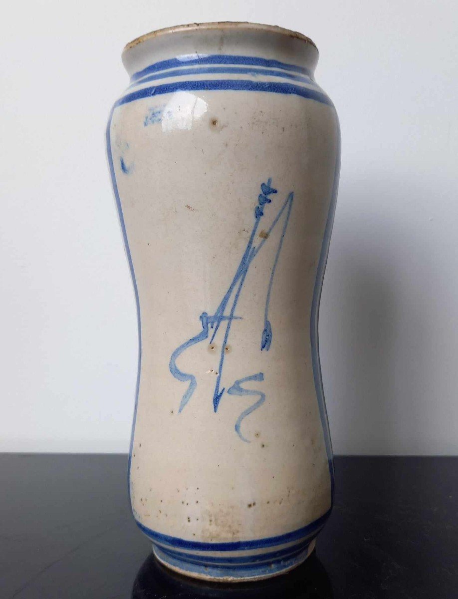 Cylindrical Albarello, Blue Decor Of A Rampant Lion. Italy Savona 18th Century-photo-3