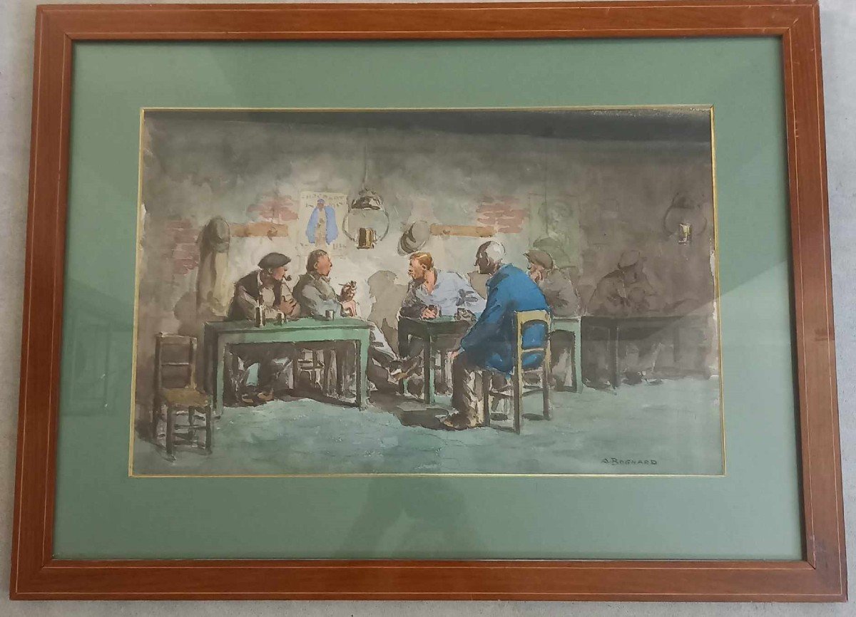 Auguste Lucien Bognard 1885-1960 “tavern Scene” Watercolor -photo-1