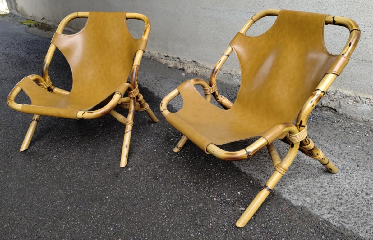 Rohé Noordwolde: Living Room Furniture Set Mainly Bamboo And Leather. 1960s/1980s-photo-2