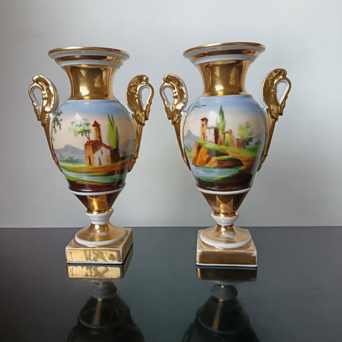 Pair Of Paris Porcelain Vases. Romantic Period, 19th Century-photo-3