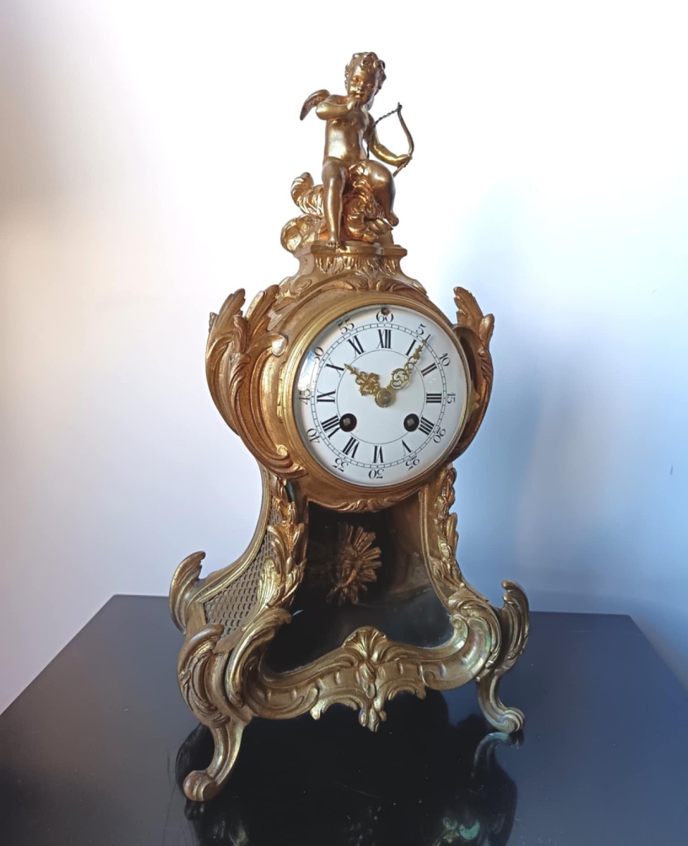 Gilt Bronze Cartel Clock, Late 19th Century, Rococo Style