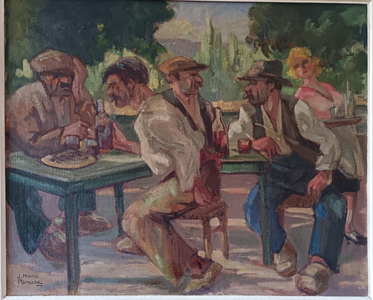 Mario Pérouse "the Guinguette On The Banks Of The Allier" Oil On Canvas-photo-2