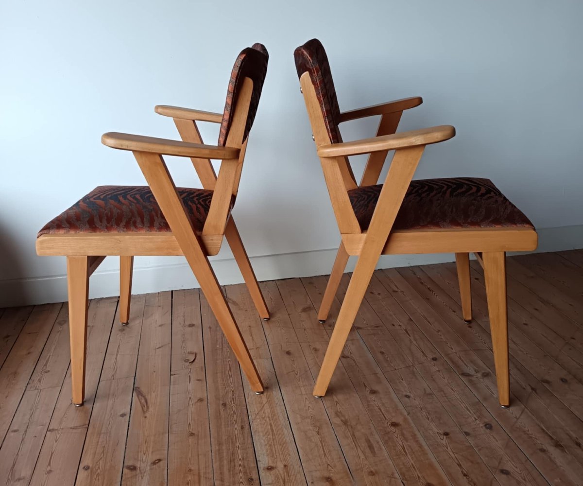 Pair Of Bridge Chairs In Natural Wood With Fabric Upholstery. 1960s -photo-2