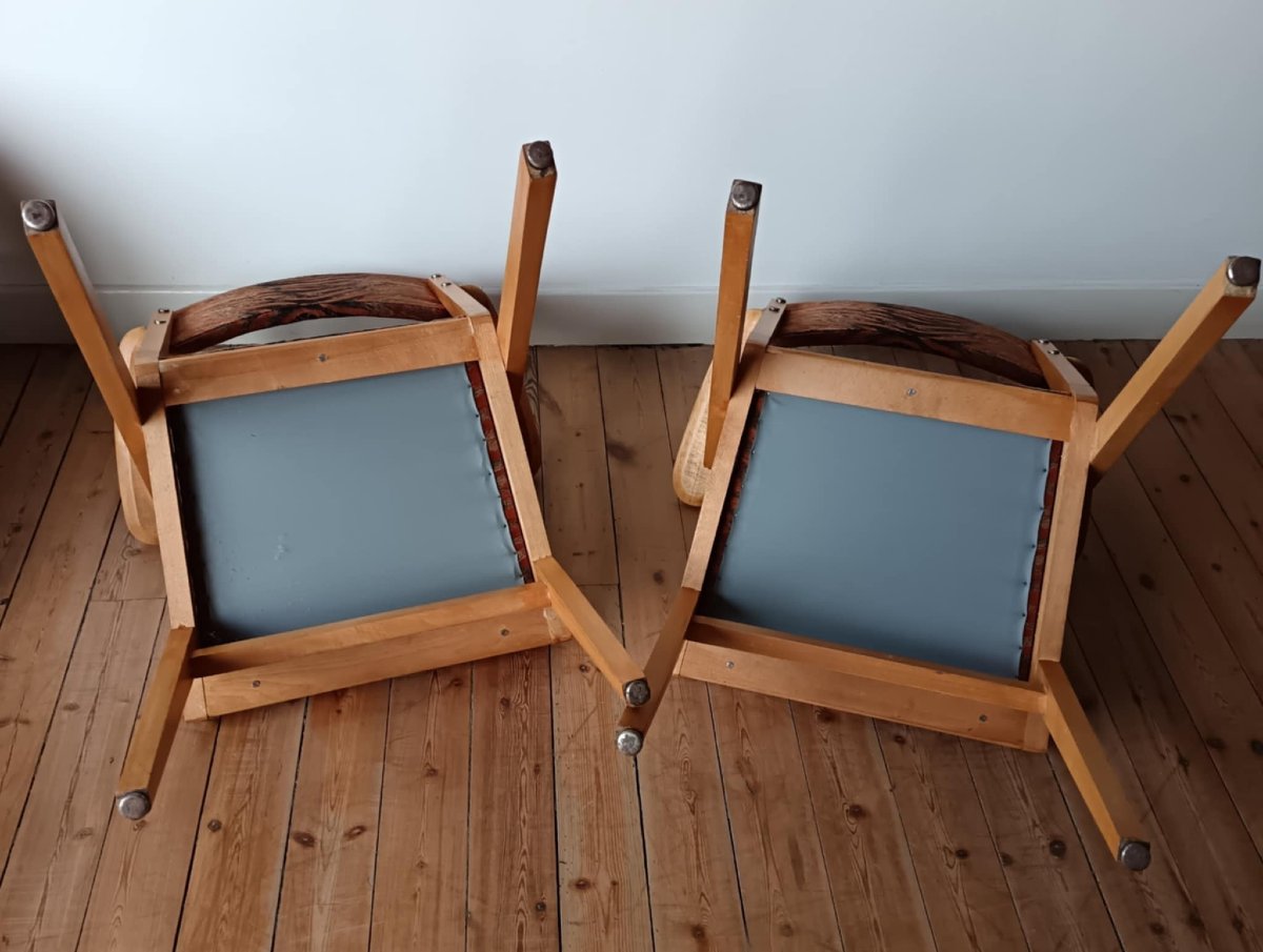 Pair Of Bridge Chairs In Natural Wood With Fabric Upholstery. 1960s -photo-3