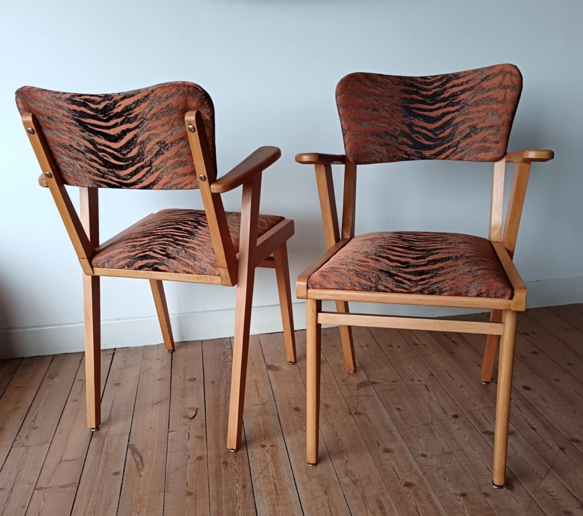 Pair Of Bridge Chairs In Natural Wood With Fabric Upholstery. 1960s -photo-4