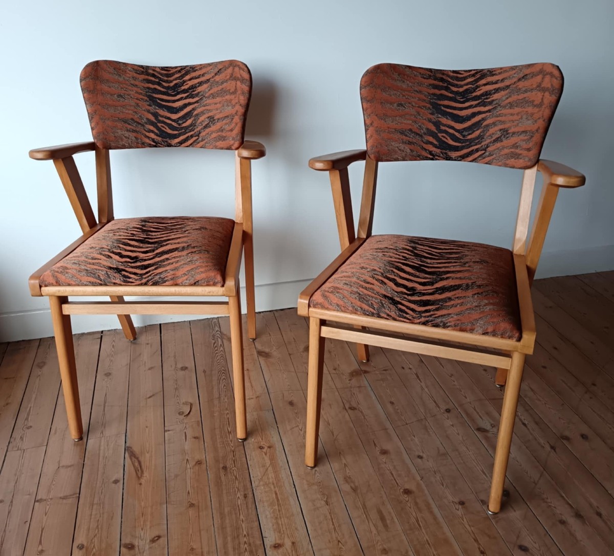 Pair Of Bridge Chairs In Natural Wood With Fabric Upholstery. 1960s 