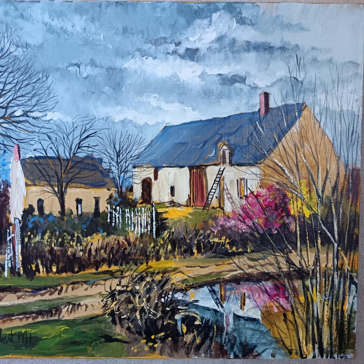 Michel Sombart (1946-2018) « Pommier du Japon et Forsythia" Huile sur toile-photo-2