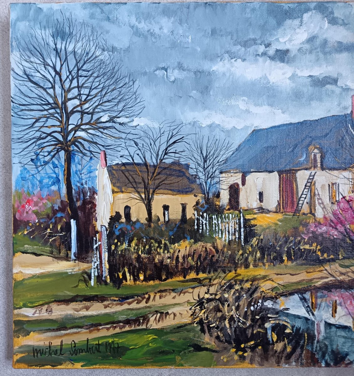 Michel Sombart (1946-2018) « Pommier du Japon et Forsythia" Huile sur toile-photo-3