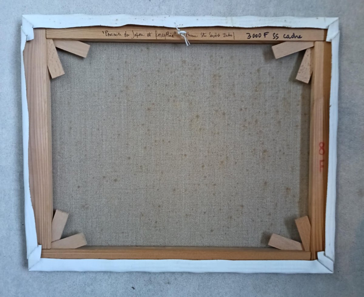 Michel Sombart (1946-2018) « Pommier du Japon et Forsythia" Huile sur toile-photo-1