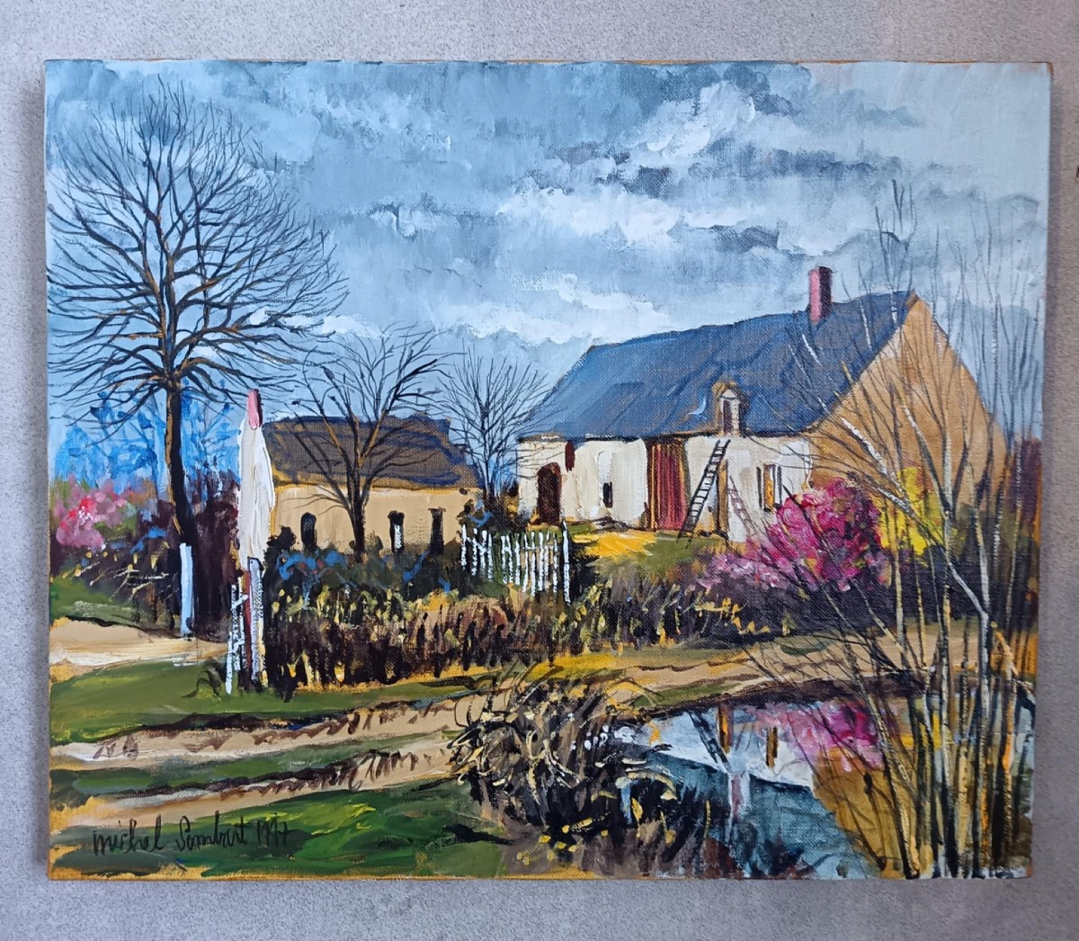 Michel Sombart (1946-2018) « Pommier du Japon et Forsythia" Huile sur toile