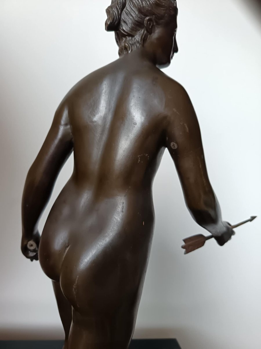 After Houdon, "diana The Huntress," Bronze With Antique Patina, Signed On The Base, Height 60 Cm-photo-6