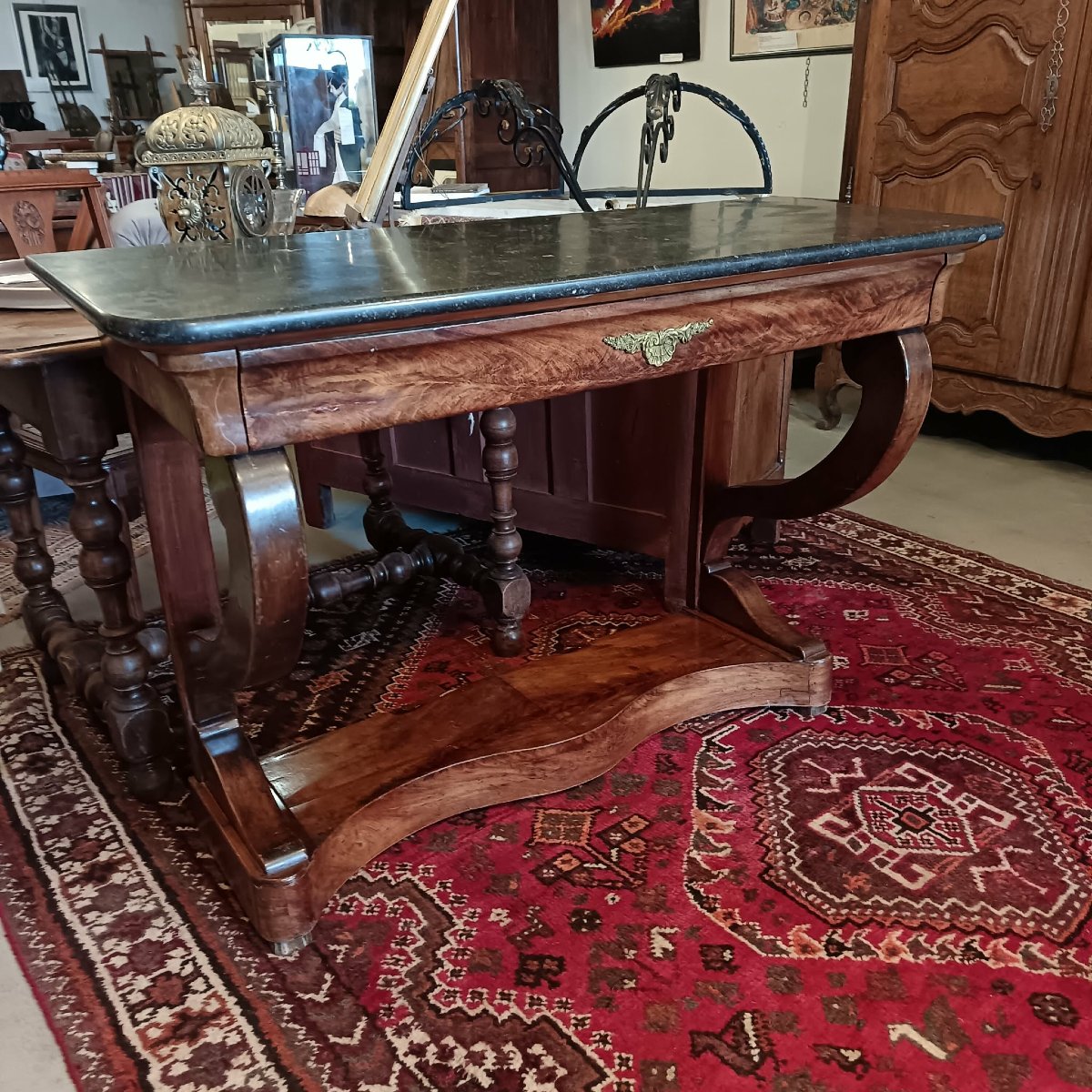 Console Placage d’Acajou Dessus Marbre Gris Saint Anne Epoque Milieu XIXe-photo-2