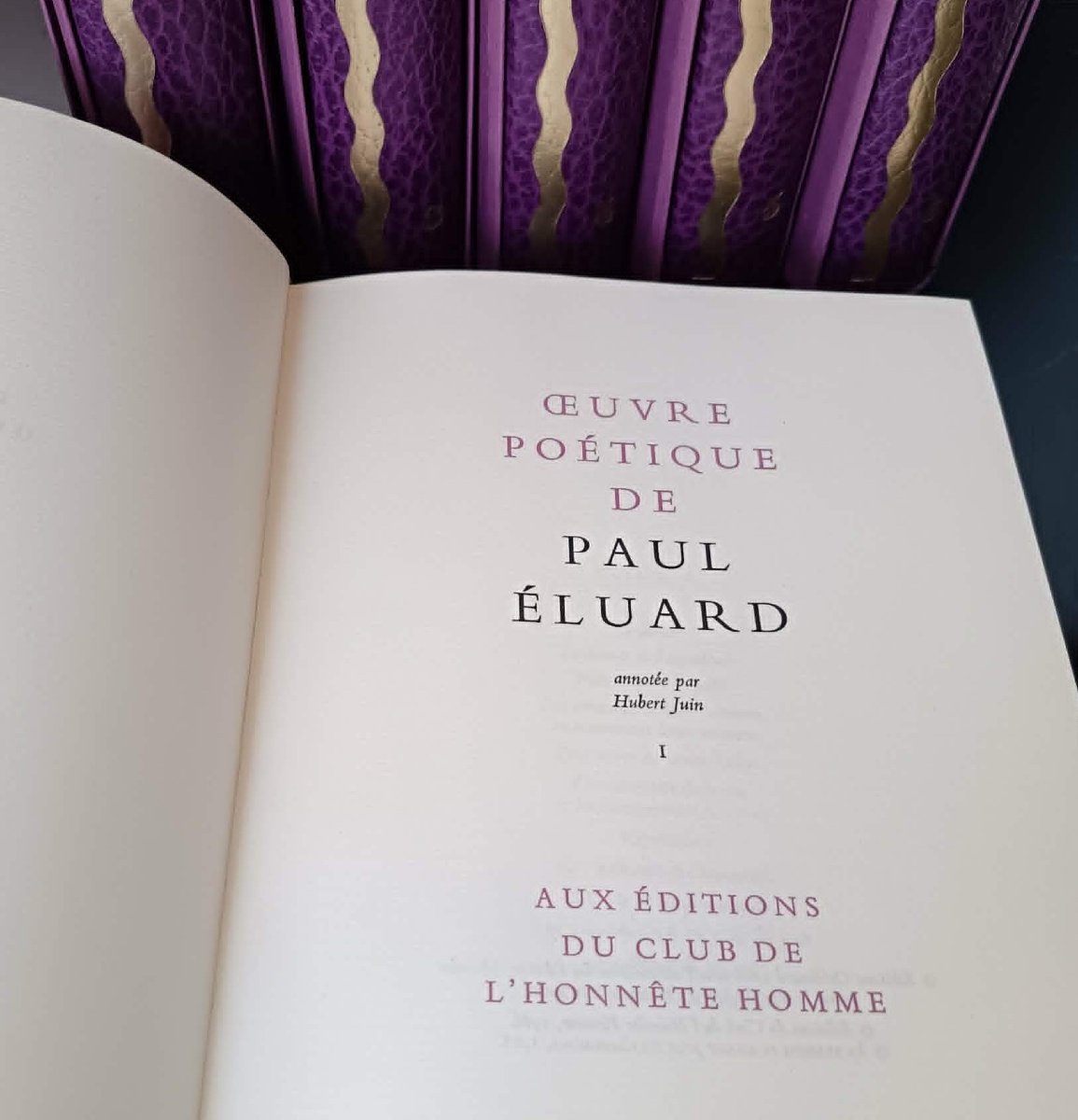 Paul Eluard : ‎Œuvre poétique. Club de l'Honnête Homme 1986, Reliure Basane Violine / Emboitage-photo-4