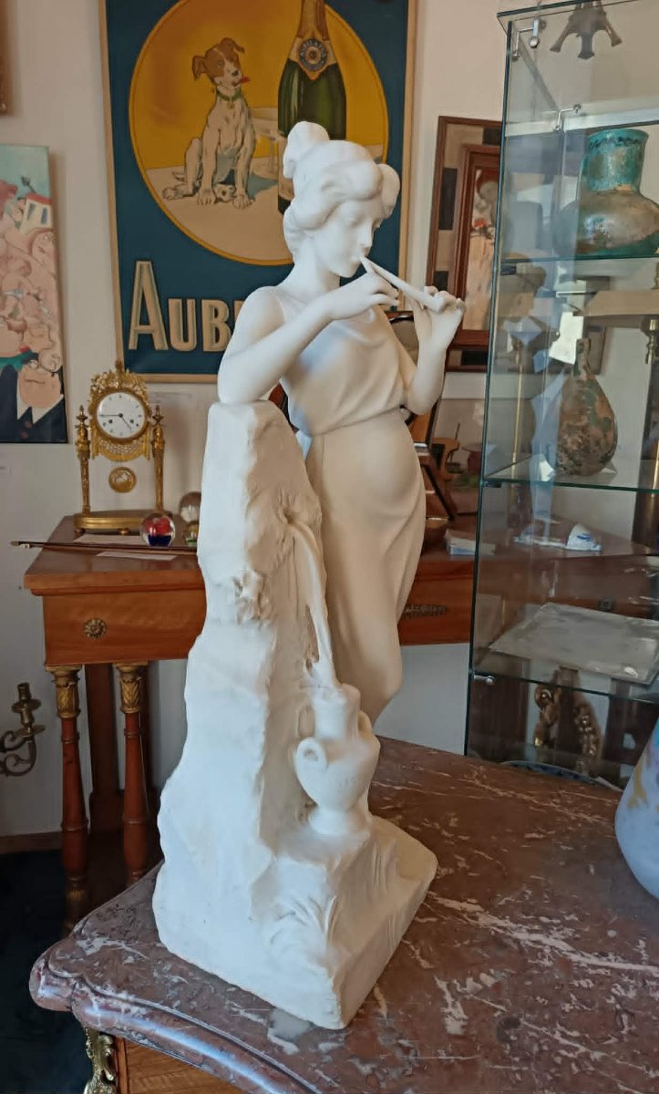 Marble Sculpture "nymph Leaning Against A Spring, Playing The Double Flute," 78 Cm-photo-3