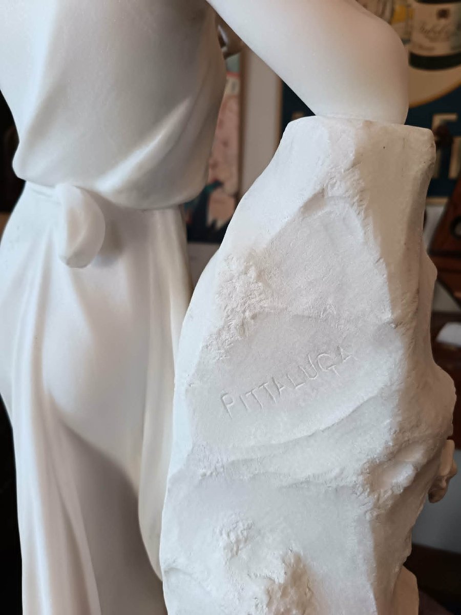 Marble Sculpture "nymph Leaning Against A Spring, Playing The Double Flute," 78 Cm-photo-7