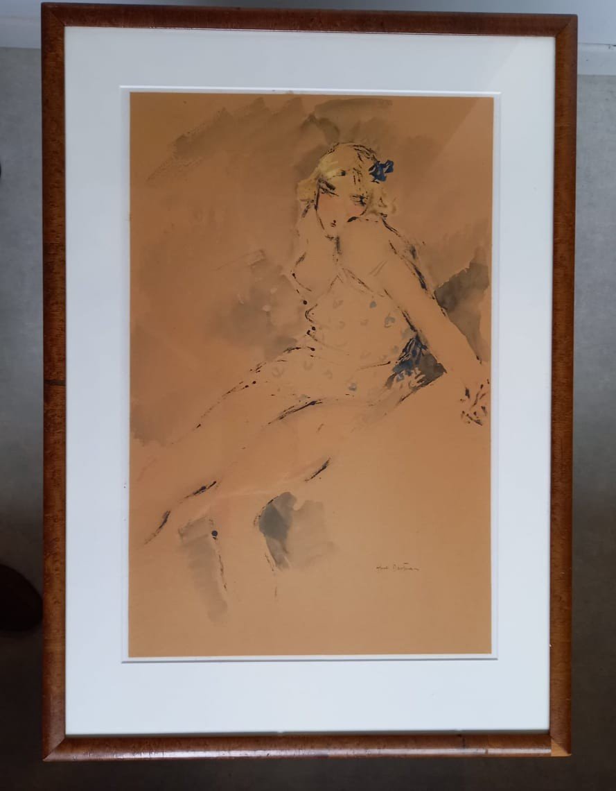 Abel Bertram "back-to-back Young Woman" Ink And Watercolor Wash-photo-2