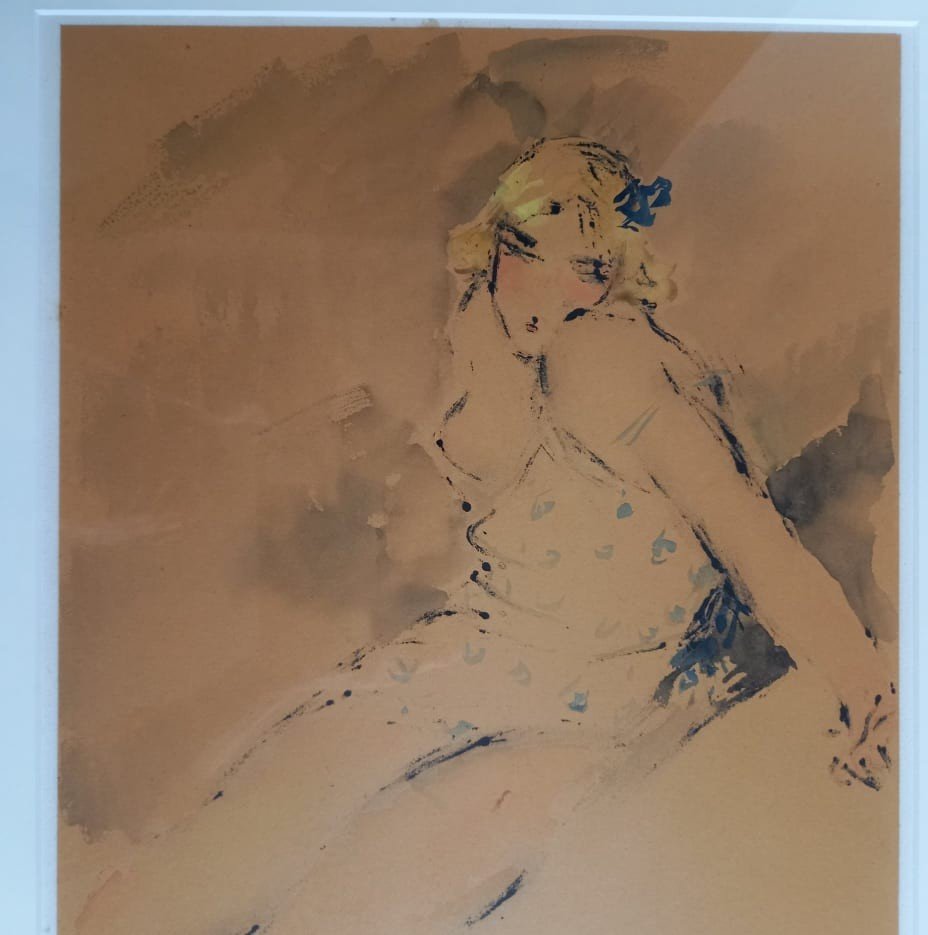 Abel Bertram "back-to-back Young Woman" Ink And Watercolor Wash-photo-3