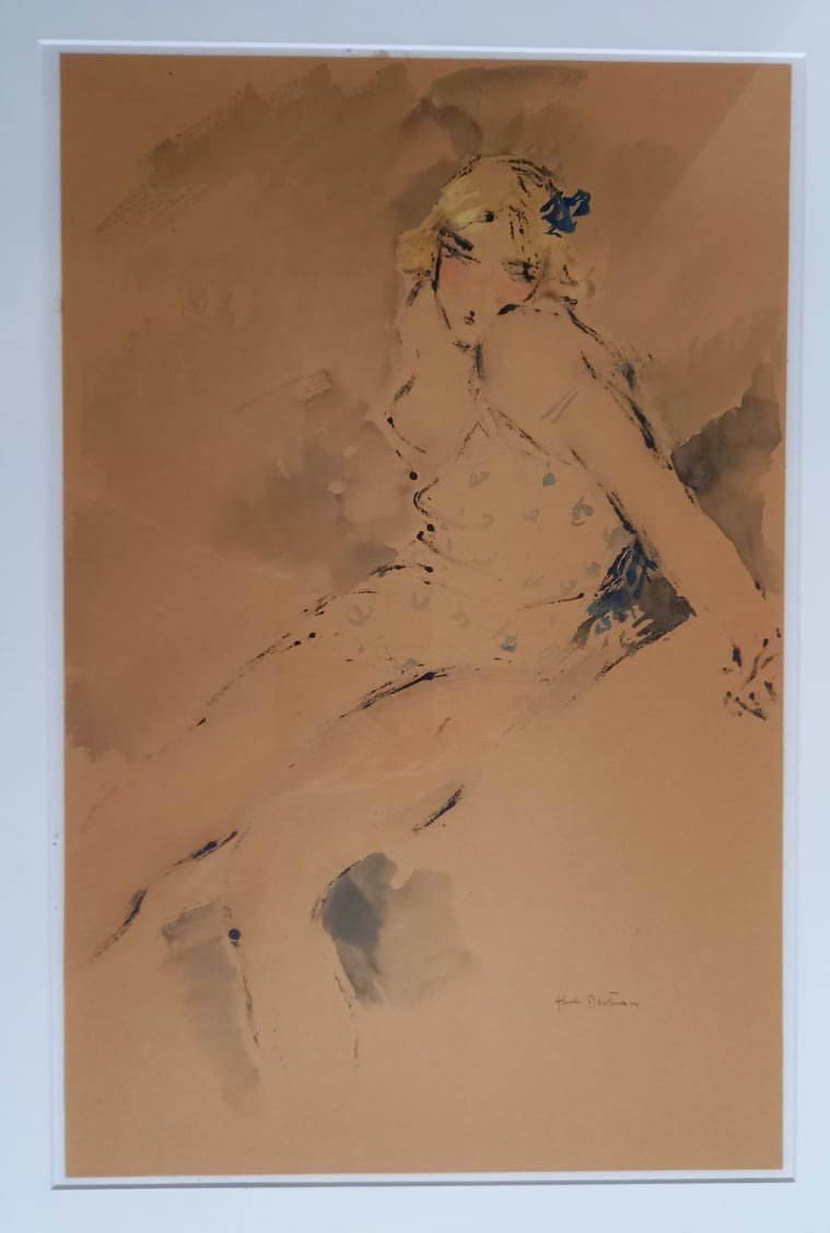 Abel Bertram "back-to-back Young Woman" Ink And Watercolor Wash