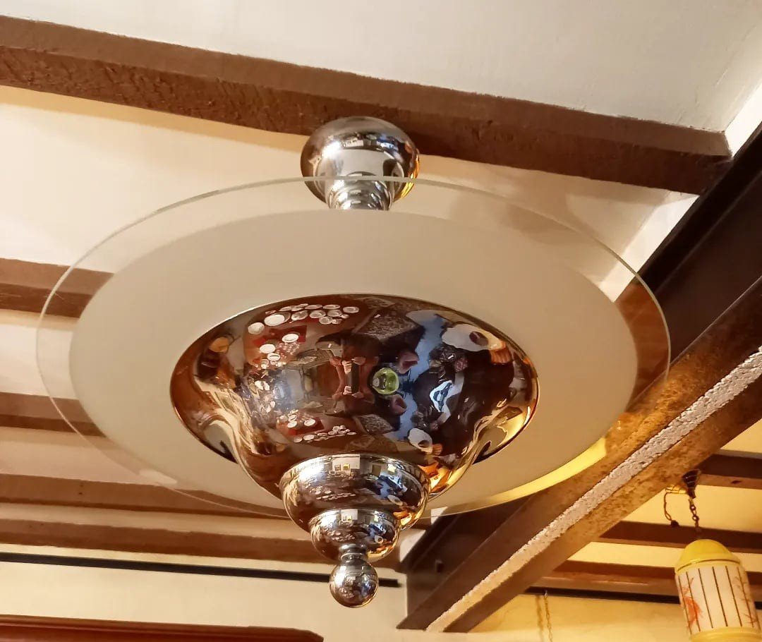 Lustre Vintage : Grande Suspension Métal Chromé Et Verre