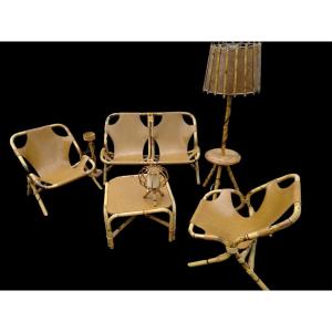 Rohé Noordwolde : Ensemble de Mobilier de Salon principalement Bambou et Cuir. Années 60/80
