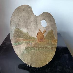  Ecole française naïve début du XXe siècle Petit tableau sur palette de peintre