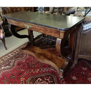 Console Table, Mahogany Veneer, Saint Anne Grey Marble Top, Mid-19th Century