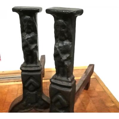 Pair Of Iron Cast Iron Andirons, Late 15th, Haute Epoque