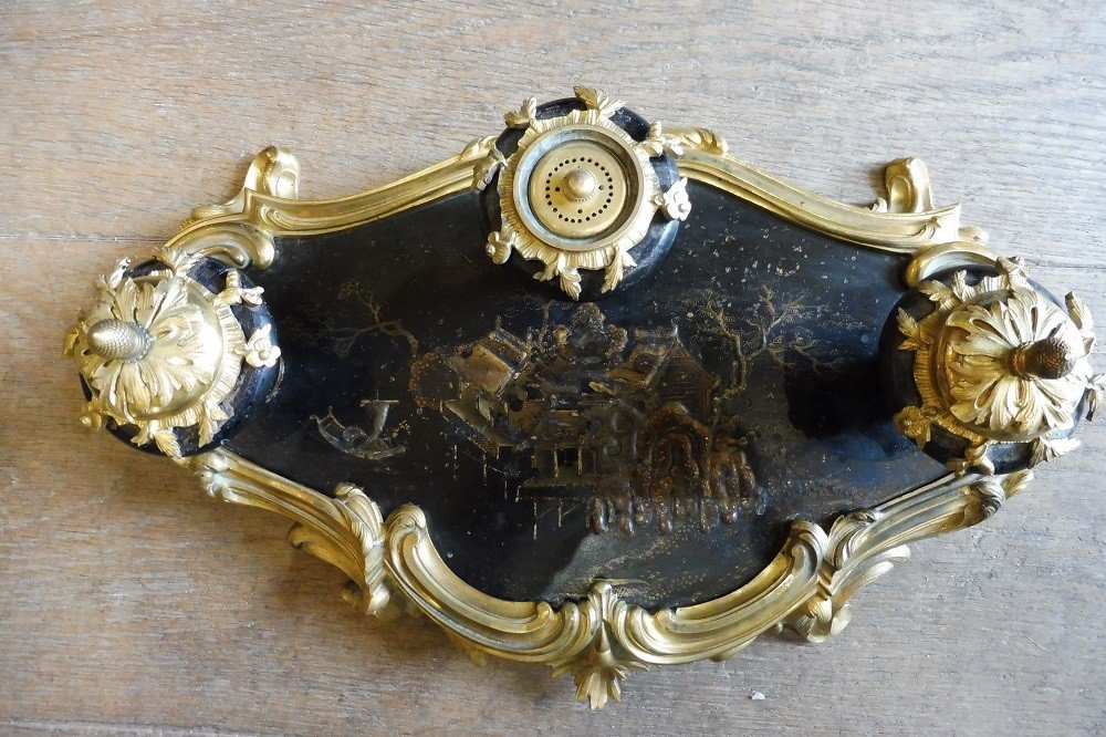 Encrier En Laque  Et Bronze   Doré  De  Style Louis XV-photo-2