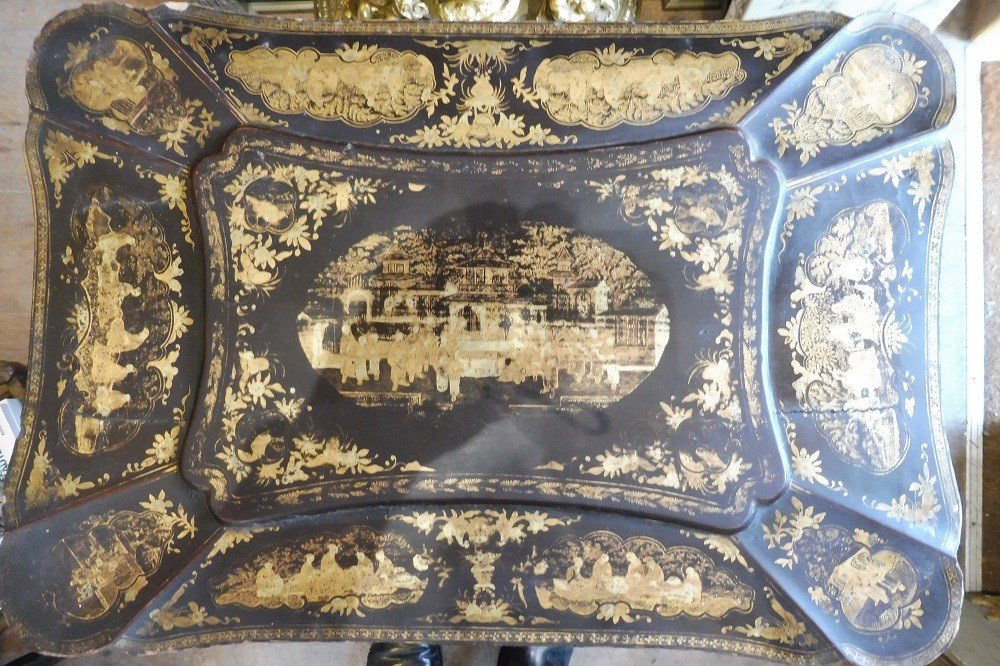 Work Table In Black Lacquered Wood With Gold Decor In Chinese Taste, Victorian Period-photo-2