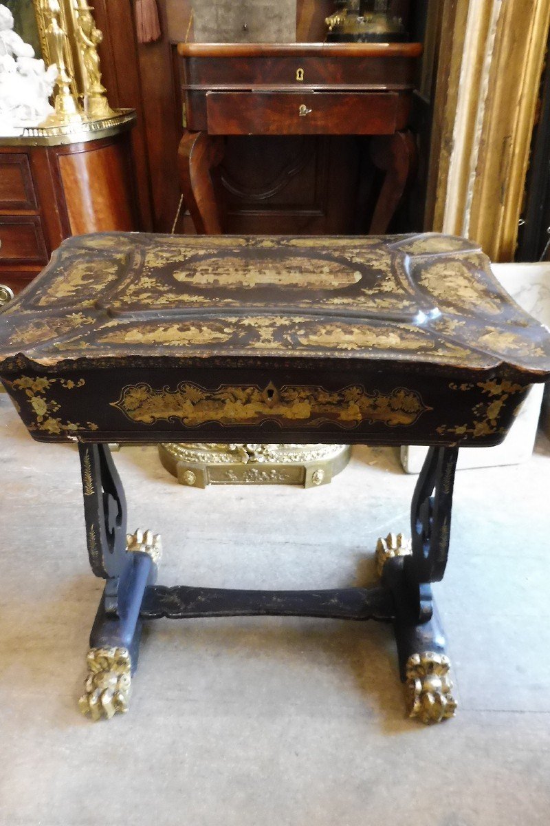 Work Table In Black Lacquered Wood With Gold Decor In Chinese Taste, Victorian Period