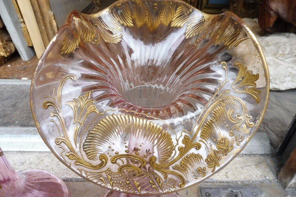 Pair Of Vase In Pink Tinted Crystal, Gold Enameled With Flared Necks 1900-photo-2