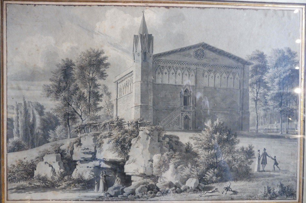 Dessin Au Lavis  de  l'école Française "parc Animé  Avec Une Chapelle  "  , Vers 1810-photo-2